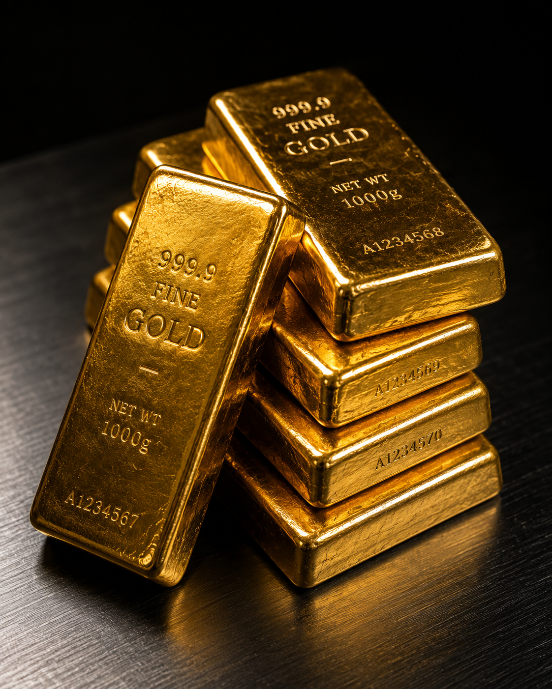 Certified 99.99% fine gold bars, stacked and ready for market